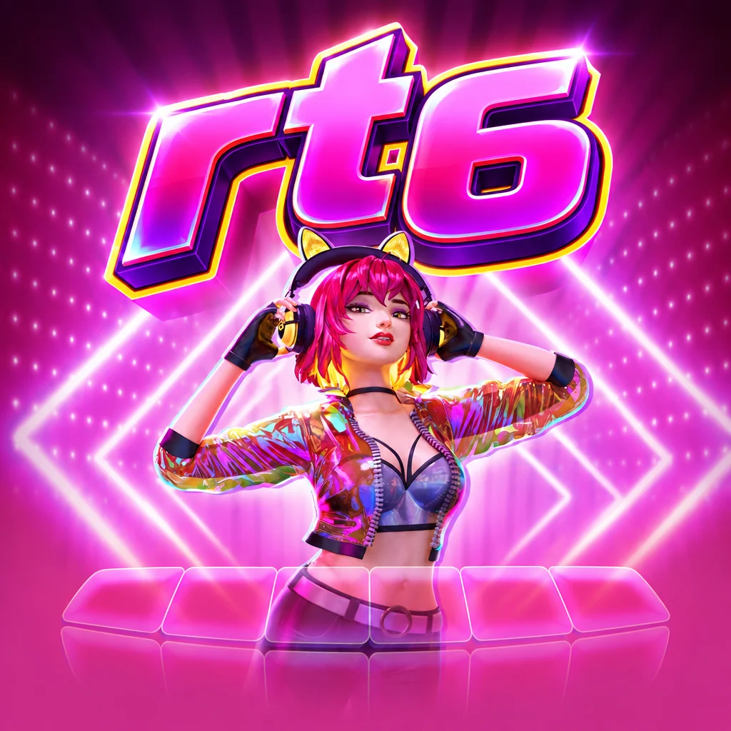 Ilustrasi pesta disko malam hari dengan DJ dan lampu neon bersama logo rt6